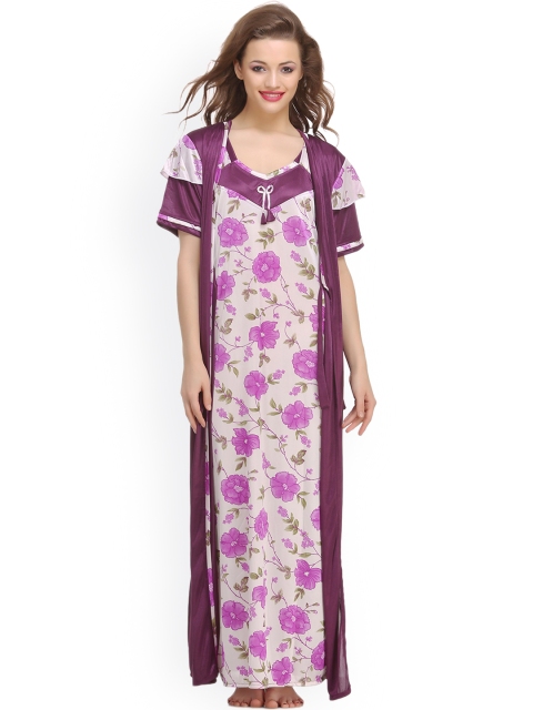 

Clovia Pack of 2 Purple Satin Maxi Nightdresses with Robe NSM423P12O