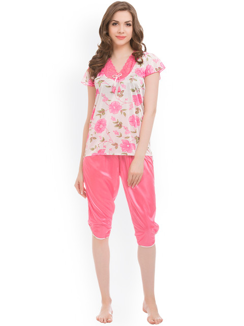 

Clovia White & Pink Floral Print Satin Night Suit NS0654P22XL