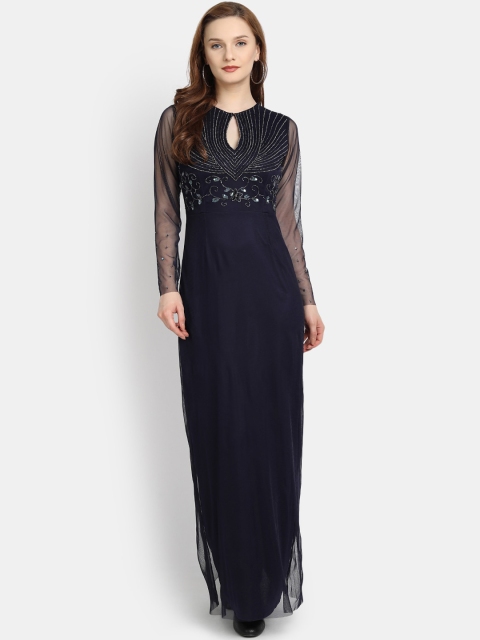 

LY2 Women Navy Blue Embellished Keyhole Neck Net Maxi Dress