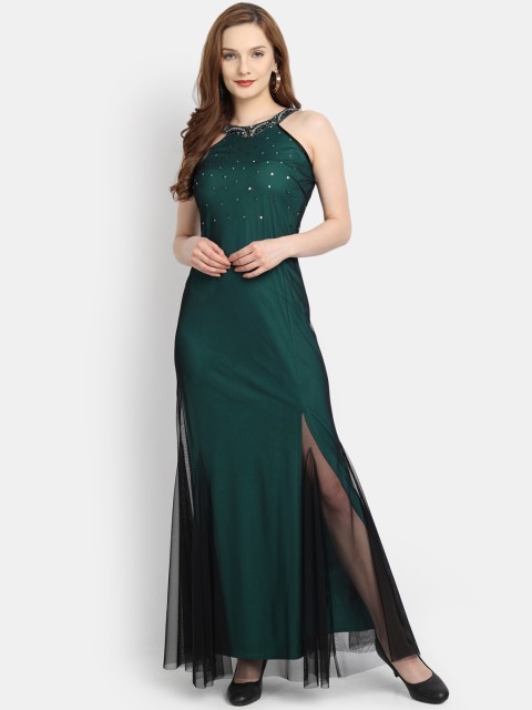 

LY2 Women Black & Green Embellished Net Maxi Dress