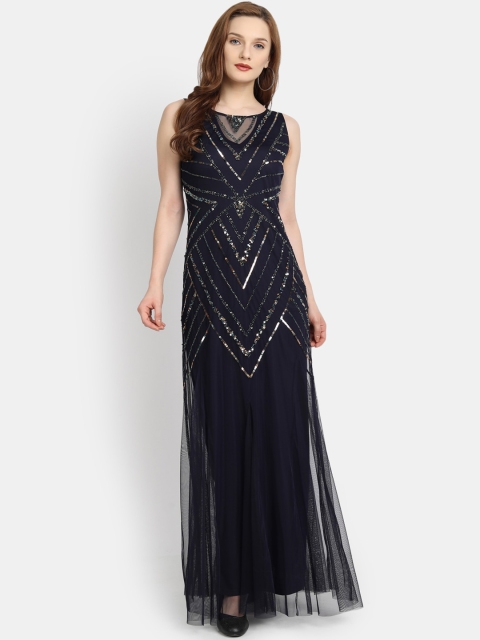 

LY2 Navy Blue Embellished Net Maxi Dress