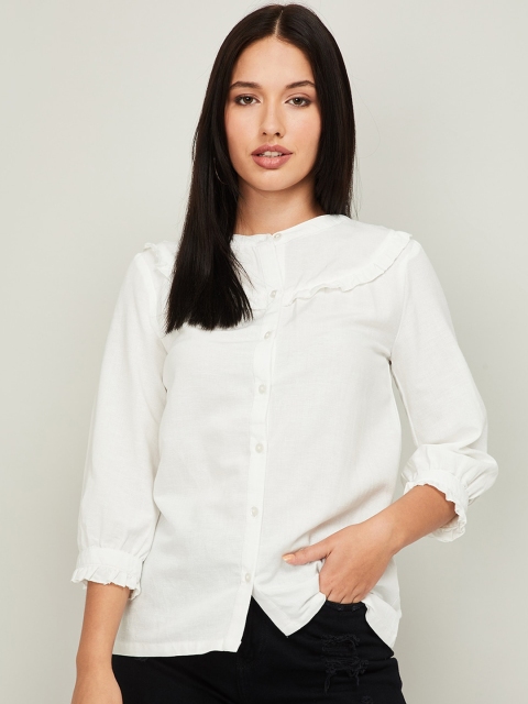 

Bossini Women White Linen Ruffled Casual Shirt