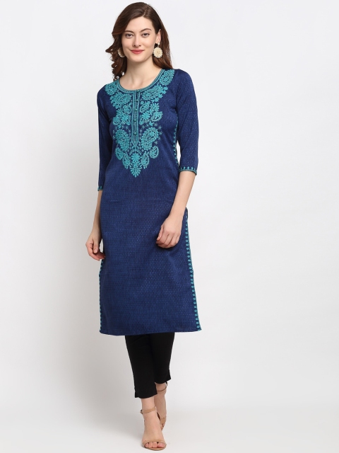 

Lovely Lady Women Navy Blue & Turquoise Blue Ethnic Motifs Yoke Design Thread Work Kurta