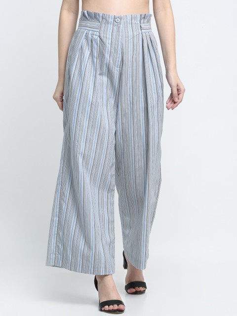 

THE UKKIYO LIFE Women Cotton Blue Striped Flared High-Rise Pleated Parallel Trousers