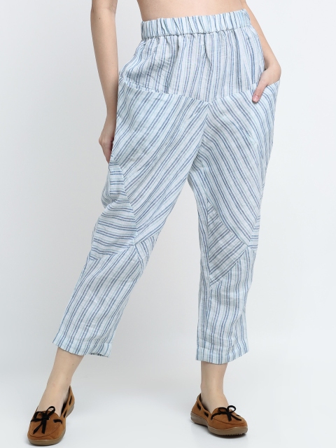 

THE UKKIYO LIFE Women Blue Striped Pleated Trousers