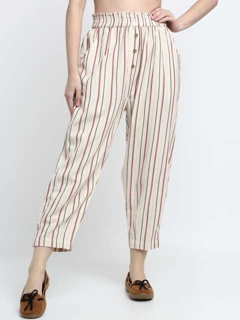 

THE UKKIYO LIFE Women Beige & Rust Red Striped Cotton Trousers