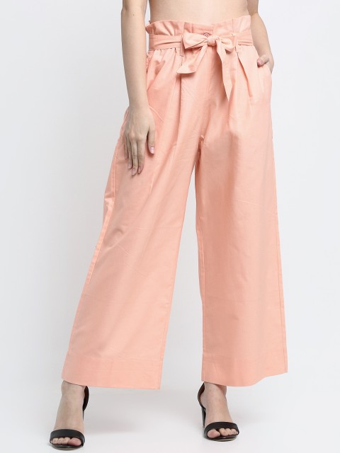 

THE UKKIYO LIFE Women Peach-Coloured Pleated Parallel Trousers with Belt