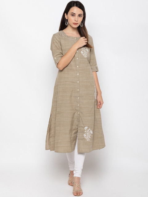 

ZOLA Women Beige Cold-Shoulder Sleeves Thread Work Kurta