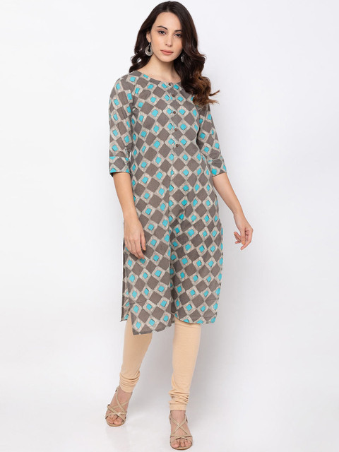 

ZOLA Women Grey & Blue Geometric Printed A-line Kurta