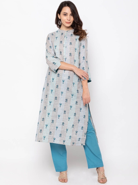 

ZOLA Women Blue & Beige Ethnic Motifs Striped Printed Kurta