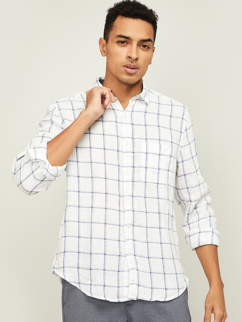 

CODE by Lifestyle Men White & Grey Windowpane Checks Checked Casual Linen Shirt