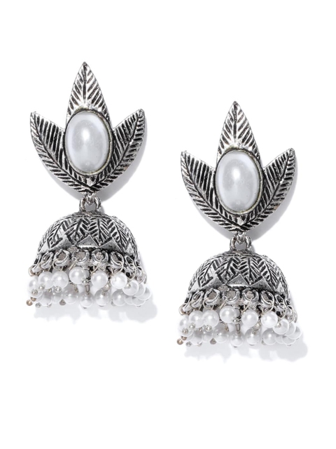 

Priyaasi Oxidised Silver-Toned & White Floral Pearl Studded Jhumkas Earrings