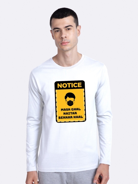 

Bewakoof Men White Yellow Typography Printed Cotton Pure Cotton T-shirt