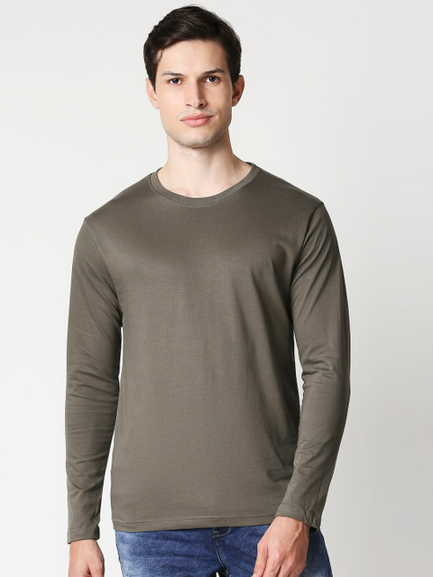

Bewakoof Men Olive Green Solid Round Neck Cotton T-shirt