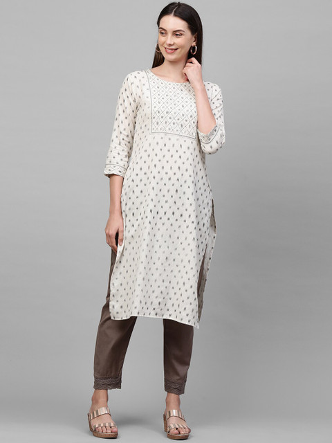 

FASHOR Women Off White Kantha Hand Embroidered & Woven Designed Straight Kurta