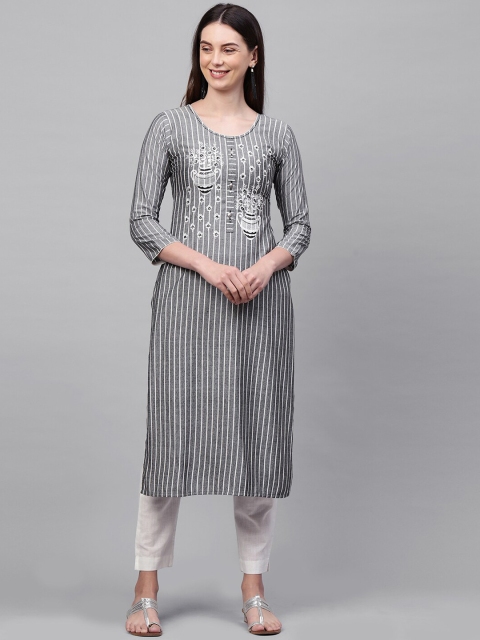 

FASHOR Women Grey & White Striped Kantha Work Kurta