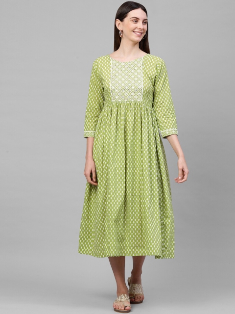 

FASHOR Green Ethnic Motifs A-Line Midi Dress