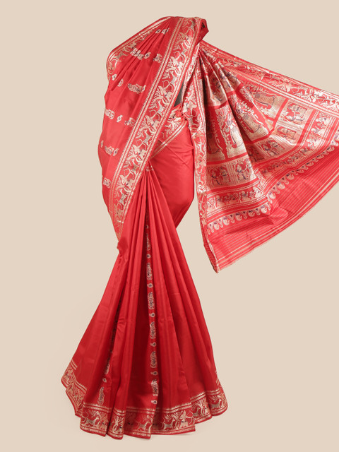 

Pothys Red & Silver-Toned Warli Pure Silk Baluchari Saree