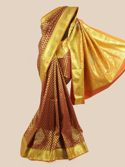 

Pothys Maroon & Gold-Toned Woven Design Zari Pure Silk Saree