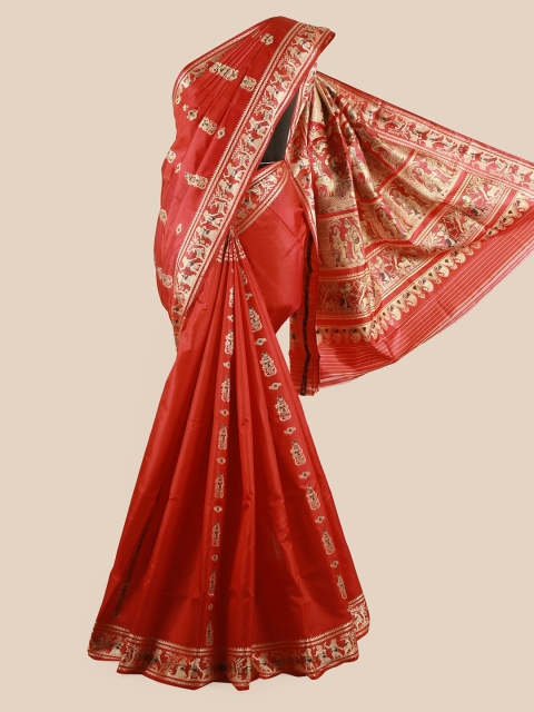 

Pothys Maroon & Gold-Toned Ethnic Motifs Zari Pure Silk Baluchari Saree