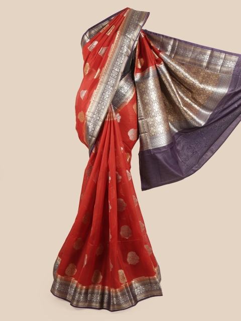 

Pothys Rust & Silver-Toned Ethnic Motifs Pure Silk Saree