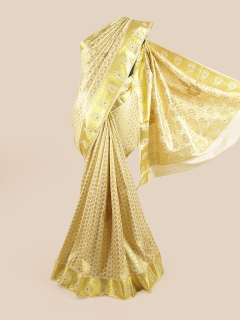 

Pothys Cream-Coloured & Gold-Toned Ethnic Motifs Zari Pure Silk Saree