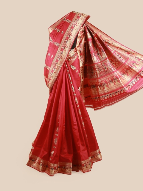 

Pothys Magenta & Gold-Toned Ethnic Motifs Zari Pure Silk Baluchari Saree