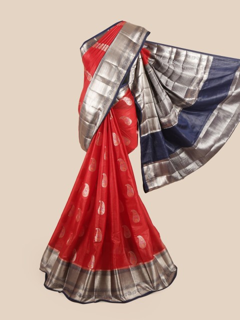 

Pothys Red & Navy Blue Paisley Zari Pure Katan Silk Saree
