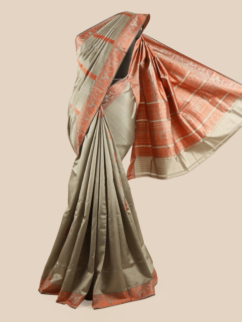 

Pothys Grey & Orange Ethnic Motifs Pure Silk Baluchari Saree