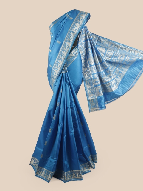 

Pothys Blue & Silver-Toned Ethnic Motifs Pure Silk Baluchari Saree