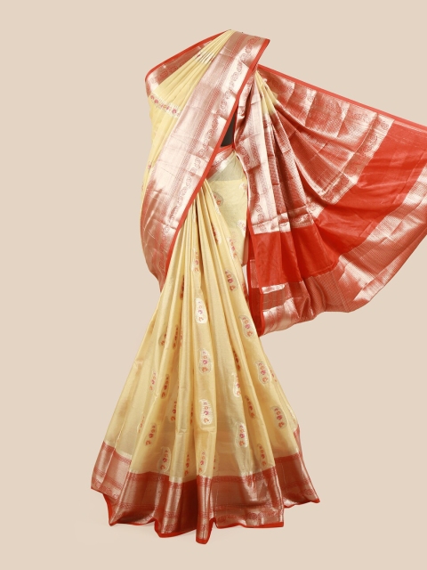 

Pothys Cream-Coloured & Red Paisley Zari Pure Silk Saree
