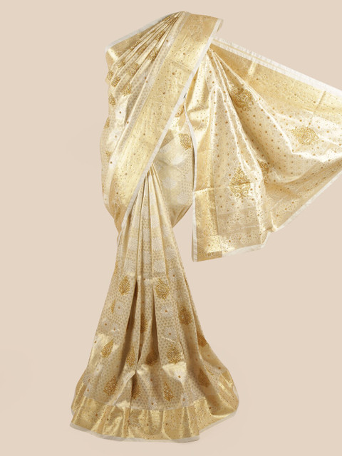 

Pothys Off White & Gold-Toned Woven Design Zari Pure Silk Saree