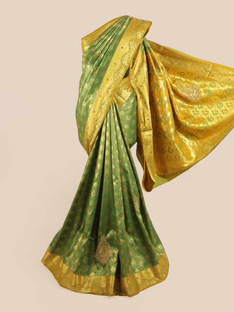 

Pothys Green & Gold Paisley Woven Design Stone Embroidered Pure Silk Saree