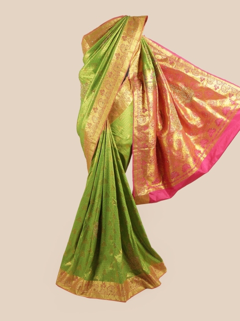 

Pothys Women Green & Gold-Toned Woven Design Embroidered Pure Silk Saree