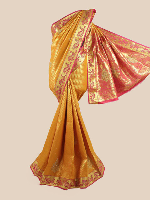 

Pothys Mustard & Pink Ethnic Motifs Stones Embroidered Pure Silk Saree