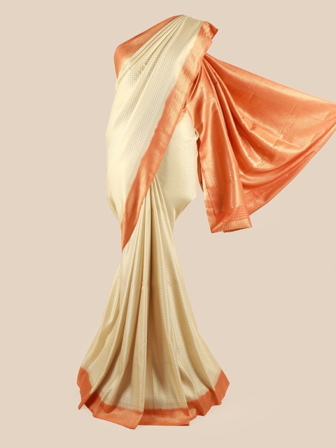 

Pothys Women Cream & Orange Woven Design geometric Motifs Art Silk Saree