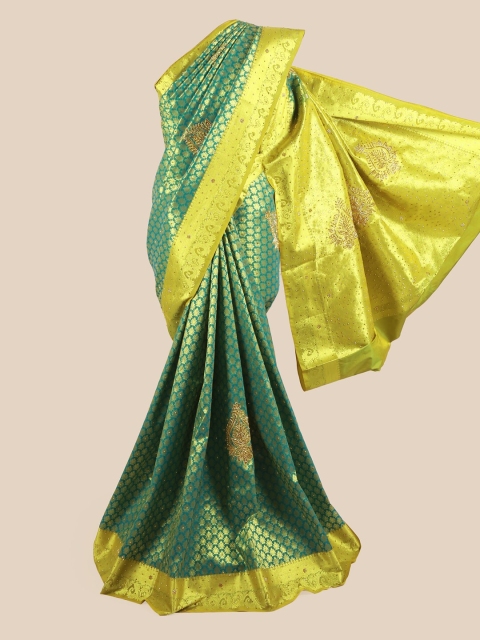 

Pothys Women Green & Gold-Toned Woven Design Floral Motifs Pure Silk Saree