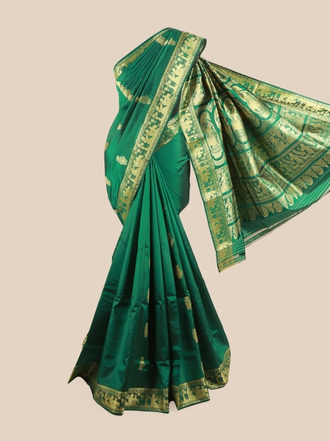 

Pothys WomanGreen & Gold-Toned Woven Design Zari Pure Silk Baluchari Saree, Green