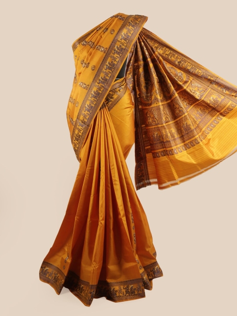 

Pothys Mustard & Brown Ethnic Motifs Printed Pure Silk Traditional Baluchari Saree