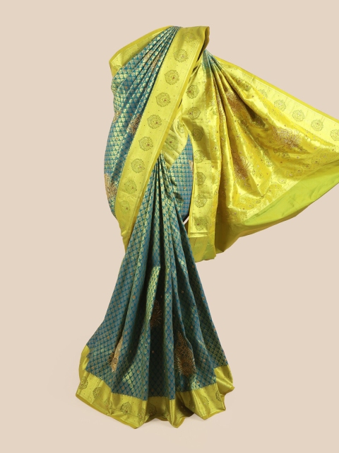 

Pothys Women Teal & Gold-Toned Woven Design Ethnic Motifs Pure Silk Saree