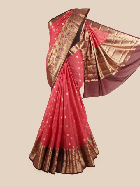 

Pothys Women Pink & Gold-Toned Woven Design Floral Motif Pure Silk Saree