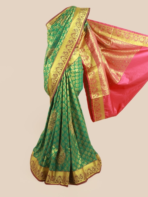 

Pothys Women Green & Gold-Toned Woven Ethnic Motifs Pure Silk Saree