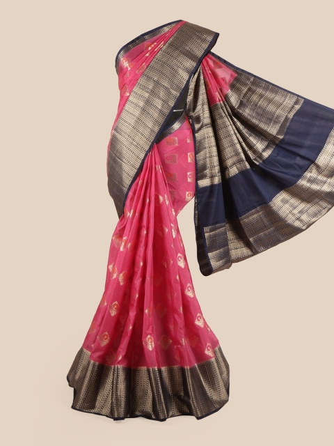 

Pothys Women Pink & Blue Woven Design Ethnic Motifs Pure Silk Saree