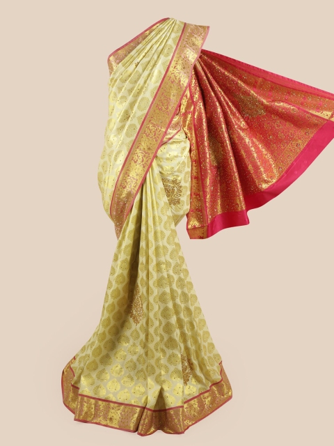 

Pothys Women Cream & Gold-Toned Woven Design Ethnic Motifs Pure Silk Saree