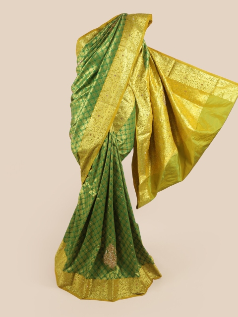 

Pothys Green & Gold Ethnic Motifs Woven Design Beads & Stone Pure Silk Saree