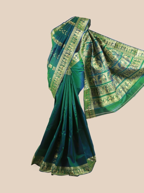 

Pothys Women Green & Gold-Toned Baluchari Warli Print Pure Silk Saree