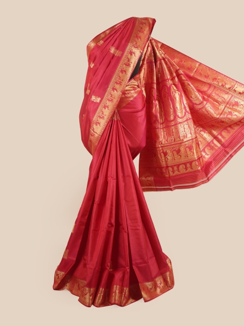 

Pothys Women Maroon & Gold-Toned Baluchari Warli Print Pure Silk Saree