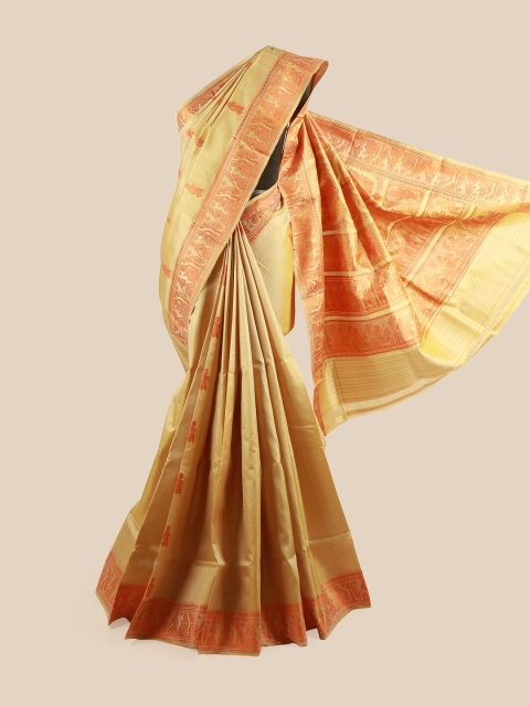 

Pothys Cream & Orange Warli Woven Design Pure Silk Traditional Baluchari Saree