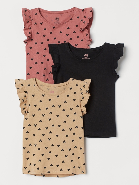 

H&M Girls Pack of 3 Flutter-sleeves Tops, Black