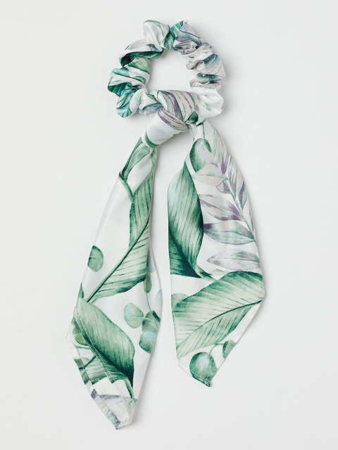 

H&M White & Green Printed Scarf-detail Scrunchie